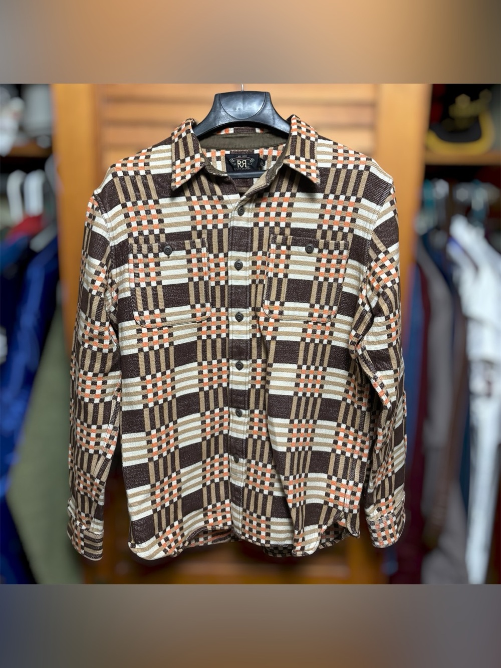 RRL Ralph Lauren Jacquard Cody Workshirt Brown Plaid Mens Medium Southwestern
